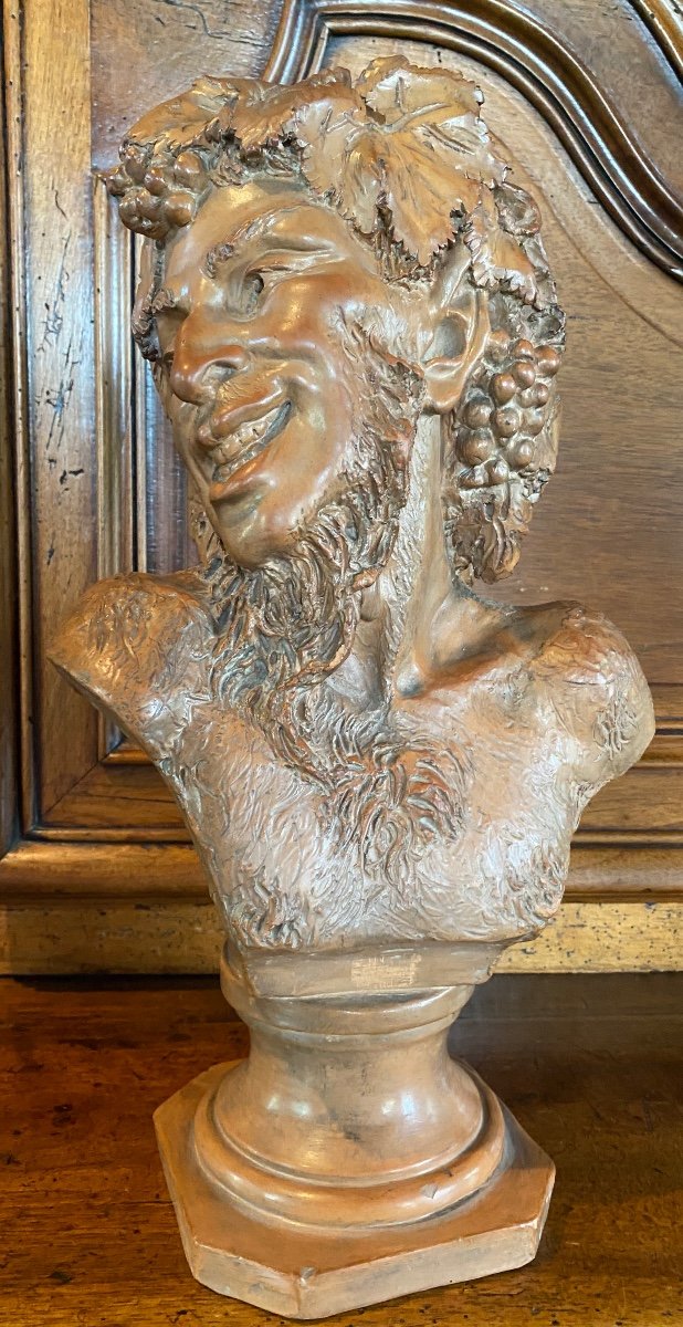 Buste De Faune Souriant Signé Vallmitjana, Terre Cuite Du XIX Eme Siècle 