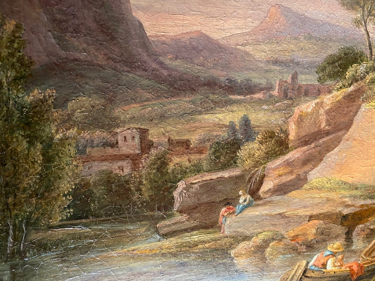 Grand Paysage Italien Romantique, Huile Sur Toile Du Début Du XIX Eme Siècle -photo-2