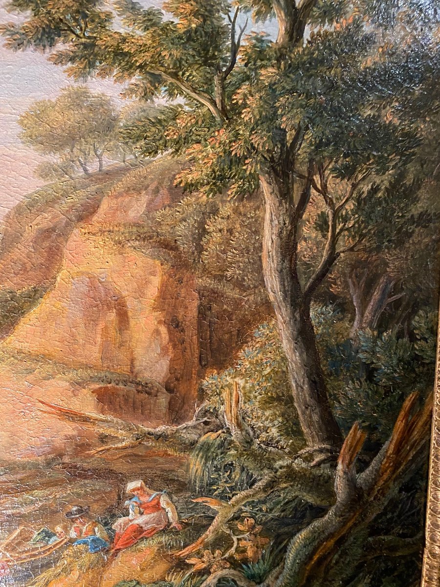 Grand Paysage Italien Romantique, Huile Sur Toile Du Début Du XIX Eme Siècle -photo-3