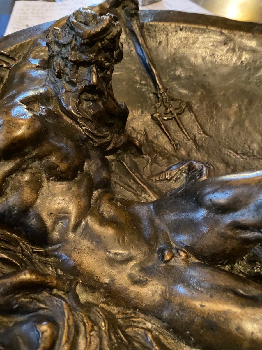 Neptune Et Ses Chevaux, Grand Bronze Du XIX En Haut Relief -photo-1