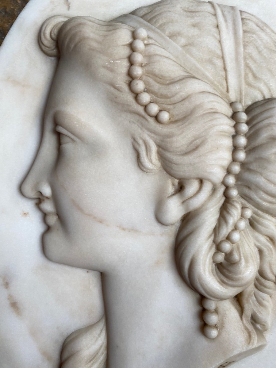 Large Oval Marble Medallion, Profile Of A Young Woman Dated 1874-photo-2