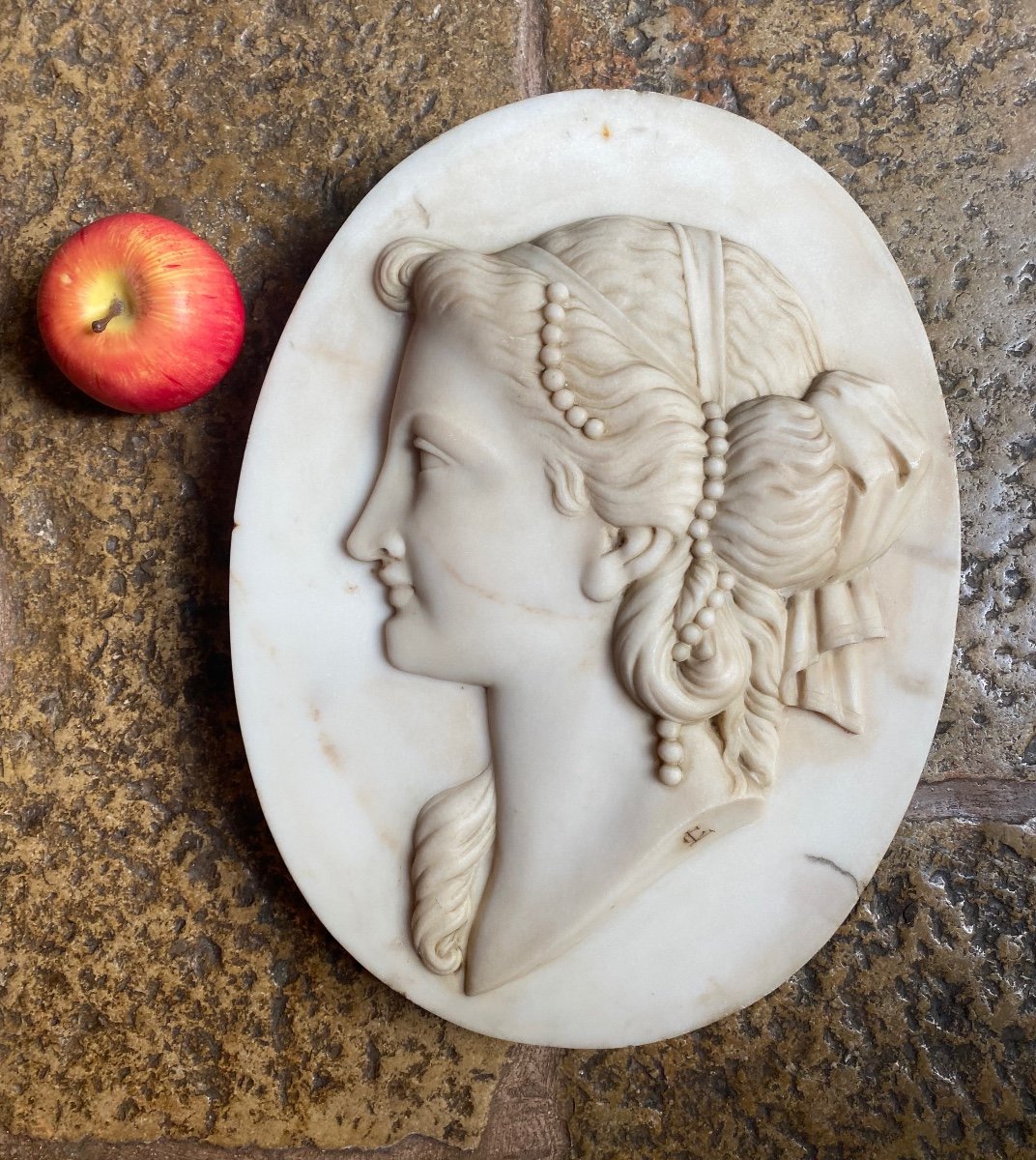 Large Oval Marble Medallion, Profile Of A Young Woman Dated 1874