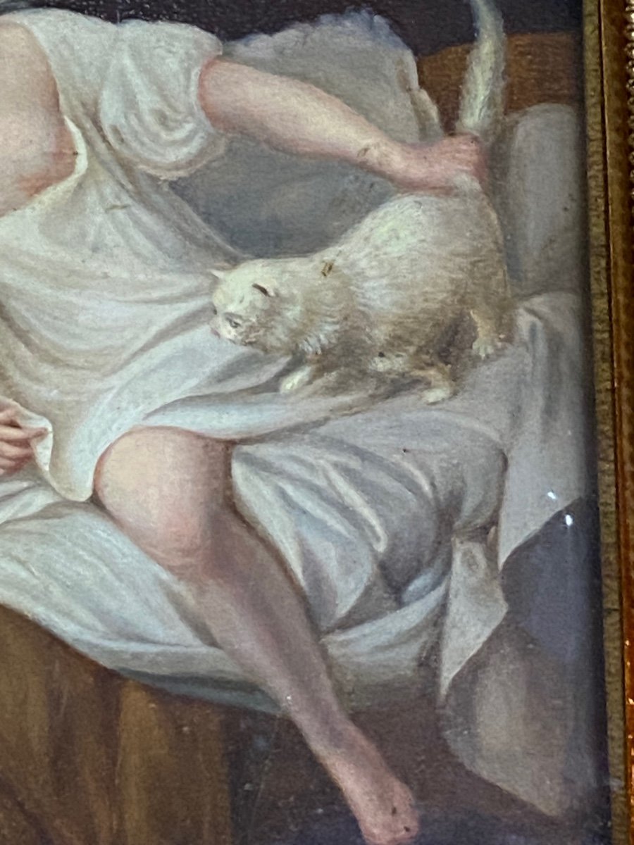 Jeune Femme Dénudée Au Chat Blanc, Huile Sur Panneau Du XVIII Eme Siècle -photo-3