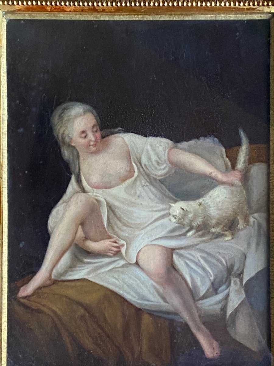 Jeune Femme Dénudée Au Chat Blanc, Huile Sur Panneau Du XVIII Eme Siècle -photo-4