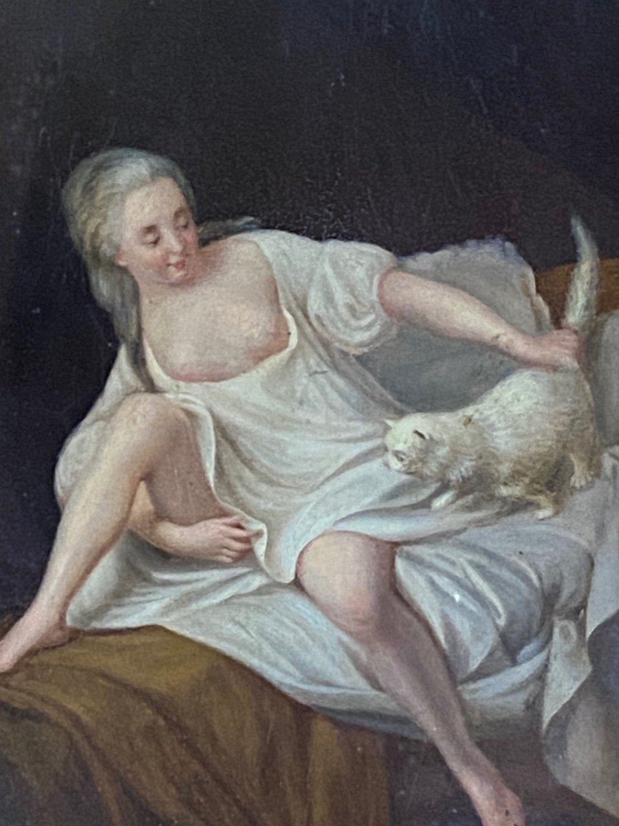 Jeune Femme Dénudée Au Chat Blanc, Huile Sur Panneau Du XVIII Eme Siècle -photo-2