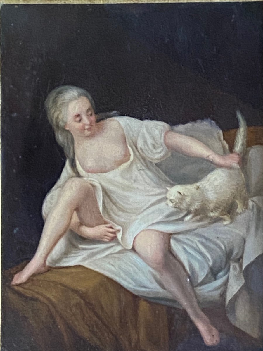 Jeune Femme Dénudée Au Chat Blanc, Huile Sur Panneau Du XVIII Eme Siècle -photo-3