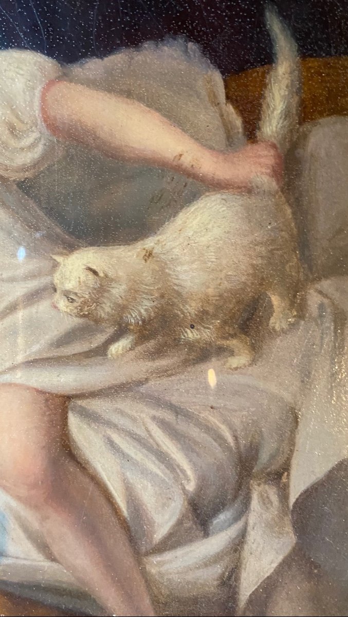 Jeune Femme Dénudée Au Chat Blanc, Huile Sur Panneau Du XVIII Eme Siècle -photo-6