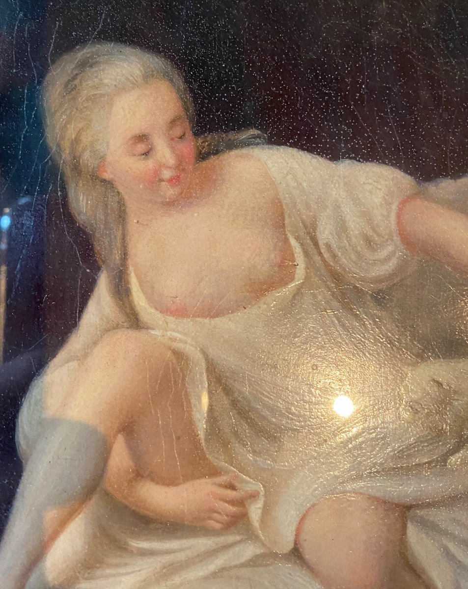 Jeune Femme Dénudée Au Chat Blanc, Huile Sur Panneau Du XVIII Eme Siècle -photo-7