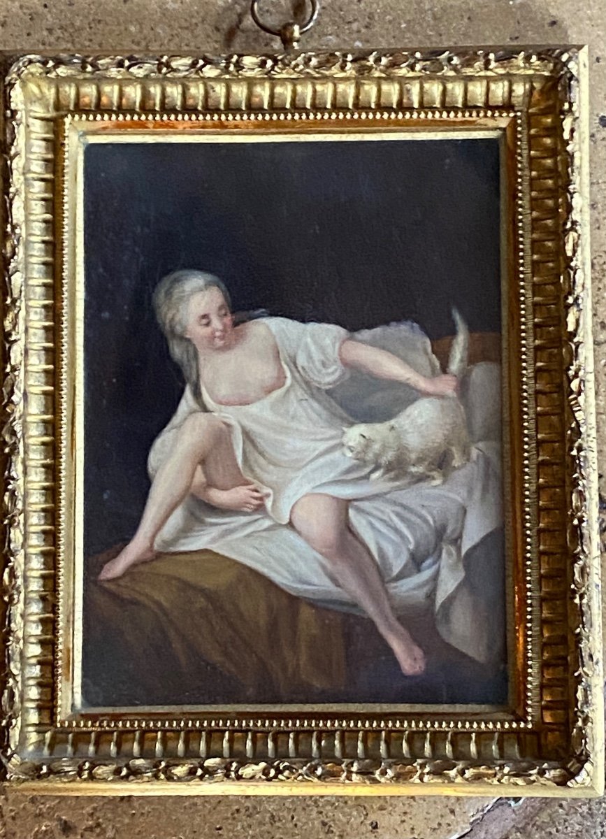 Jeune Femme Dénudée Au Chat Blanc, Huile Sur Panneau Du XVIII Eme Siècle -photo-8