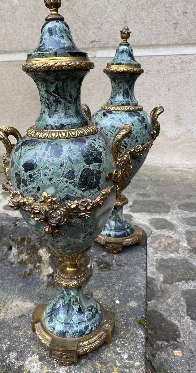 Grande Paire De Vases Montés En Marbre Vert De Mer , Napoléon III -photo-1