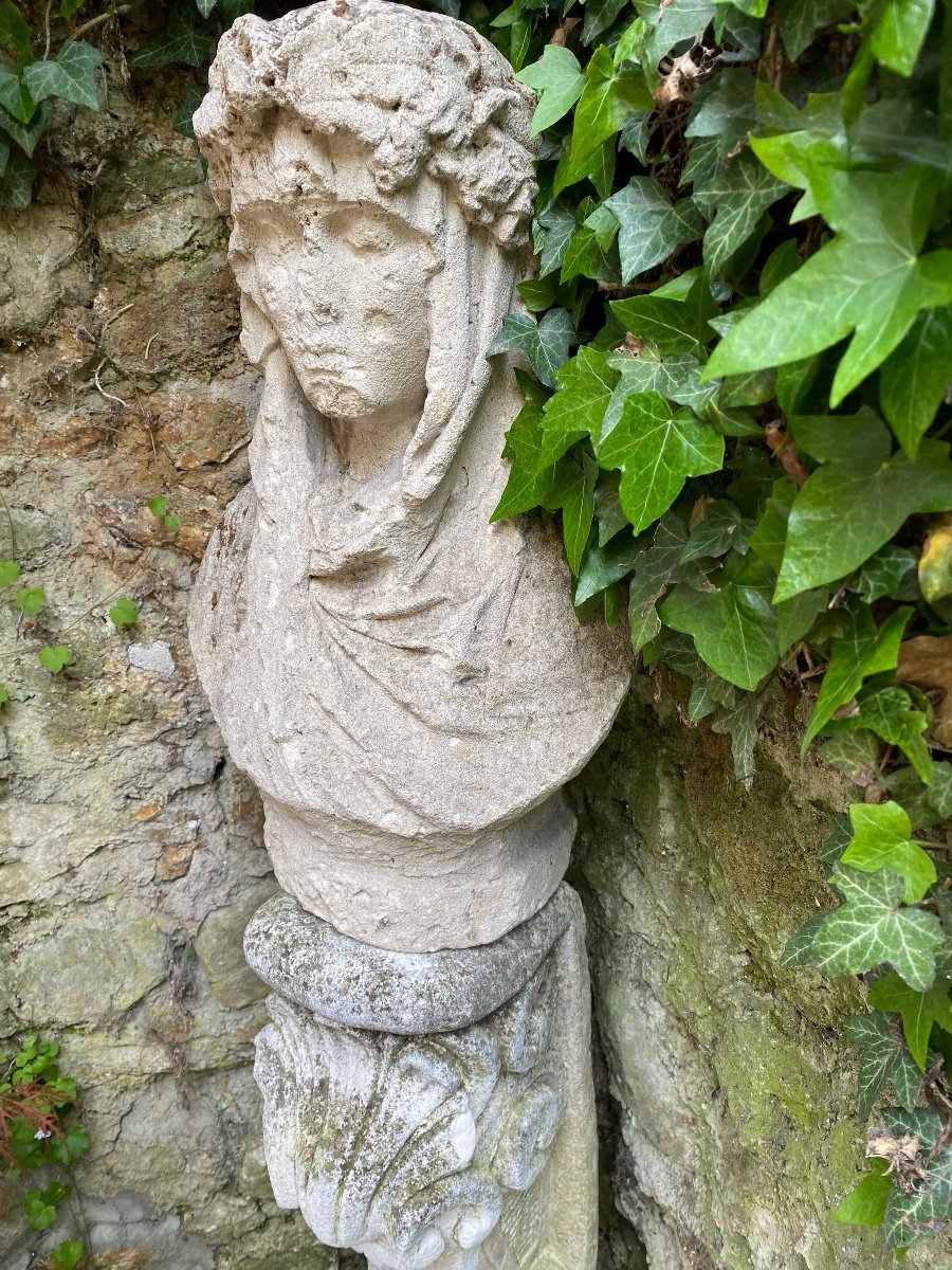 Stone Bust, Woman Crowned With Oak, End Of The XVIII Eme Century-photo-3