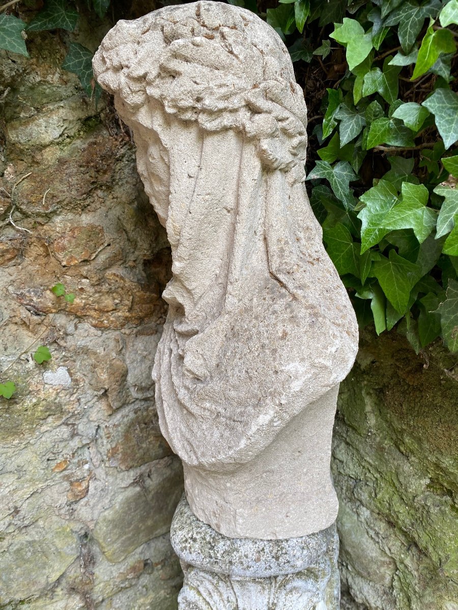 Buste En Pierre, Femme Couronnée De Chêne, Fin Du XVIII Eme Siècle -photo-1
