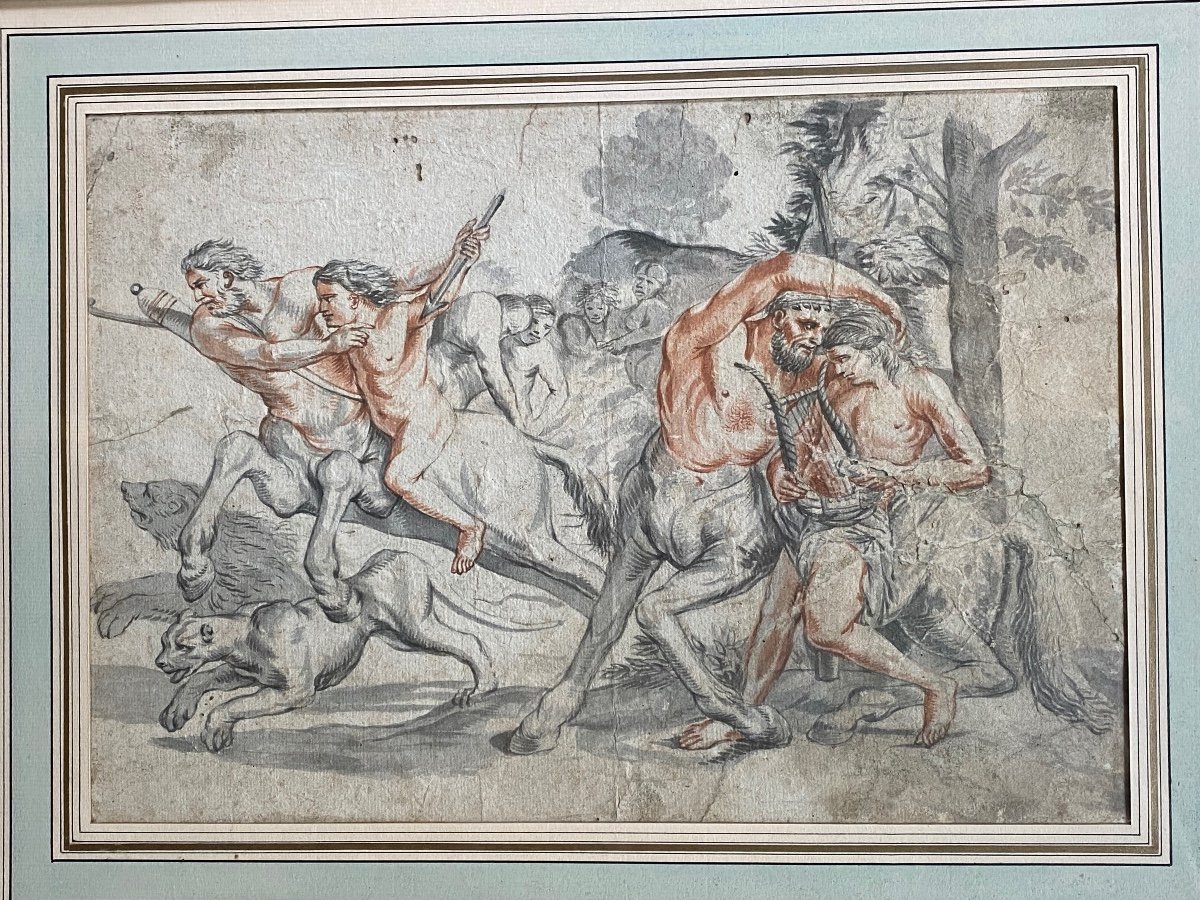 The Education Of Achilles By The Centaur Chiron, Beautiful Drawing From The XVIII Eme Century In Mixed Technique-photo-3