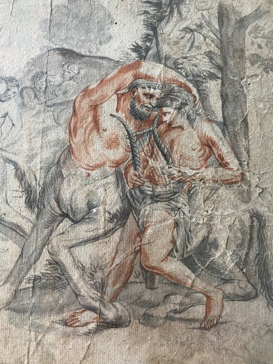 The Education Of Achilles By The Centaur Chiron, Beautiful Drawing From The XVIII Eme Century In Mixed Technique-photo-2