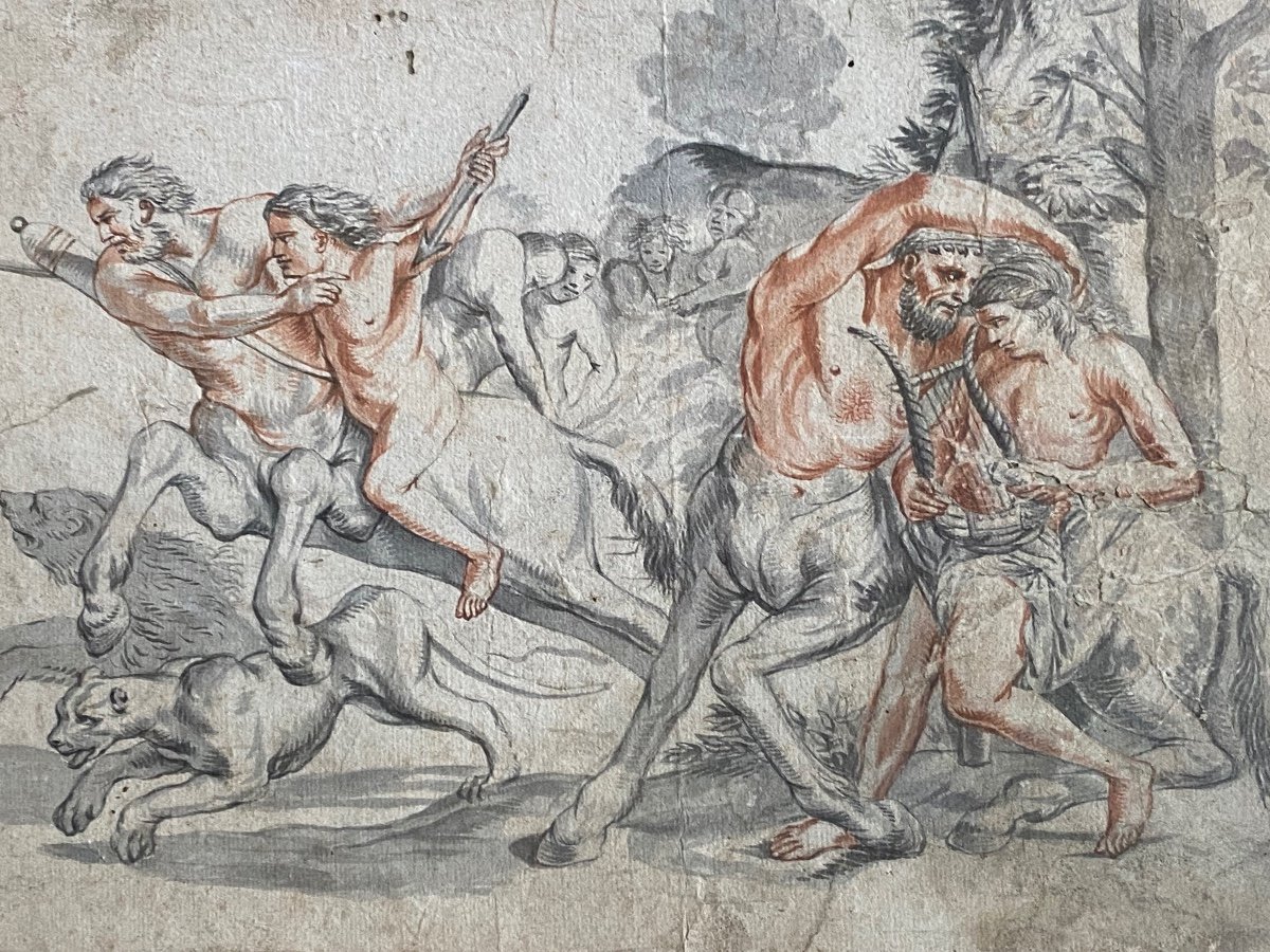 The Education Of Achilles By The Centaur Chiron, Beautiful Drawing From The XVIII Eme Century In Mixed Technique-photo-7