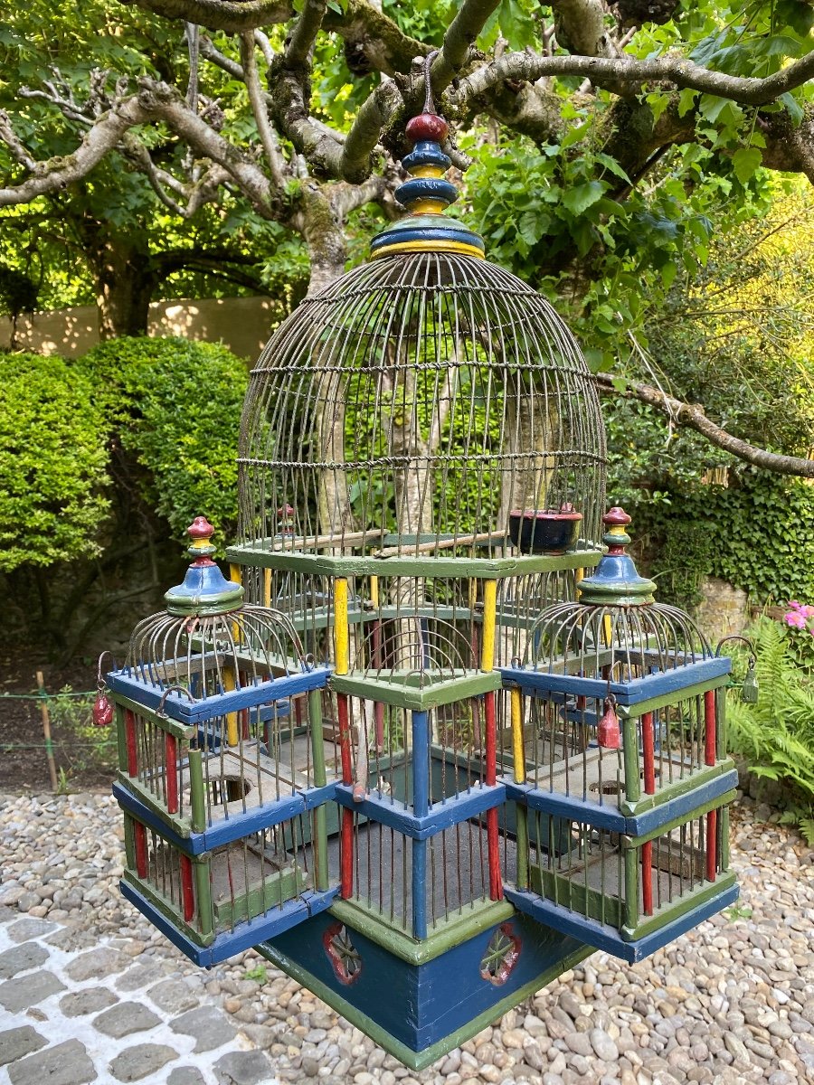 Grande Cage à Oiseaux Pagode Colorée Début Du XX Eme Siècle -photo-4