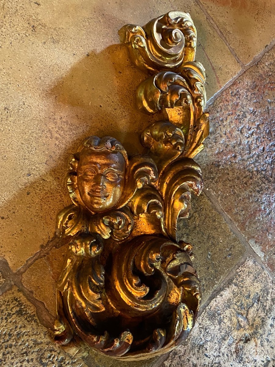 Fauna Head Amidst Acanthus Leaves, Large Element In Golden Wood-photo-2