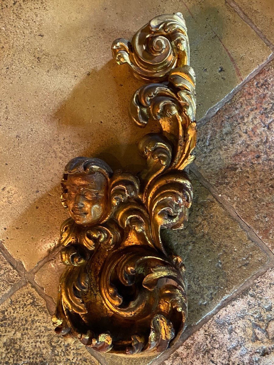 Fauna Head Amidst Acanthus Leaves, Large Element In Golden Wood-photo-3