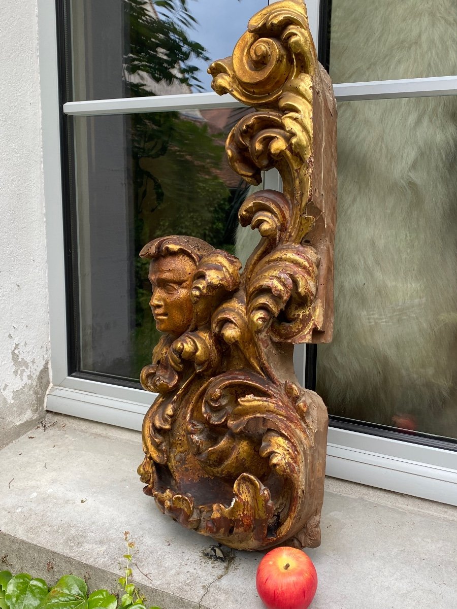 Fauna Head Amidst Acanthus Leaves, Large Element In Golden Wood-photo-1