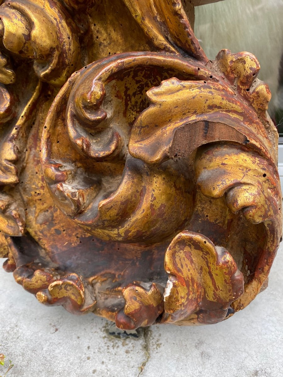 Fauna Head Amidst Acanthus Leaves, Large Element In Golden Wood-photo-3