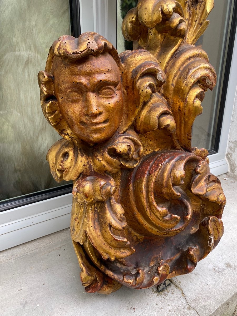 Fauna Head Amidst Acanthus Leaves, Large Element In Golden Wood-photo-6