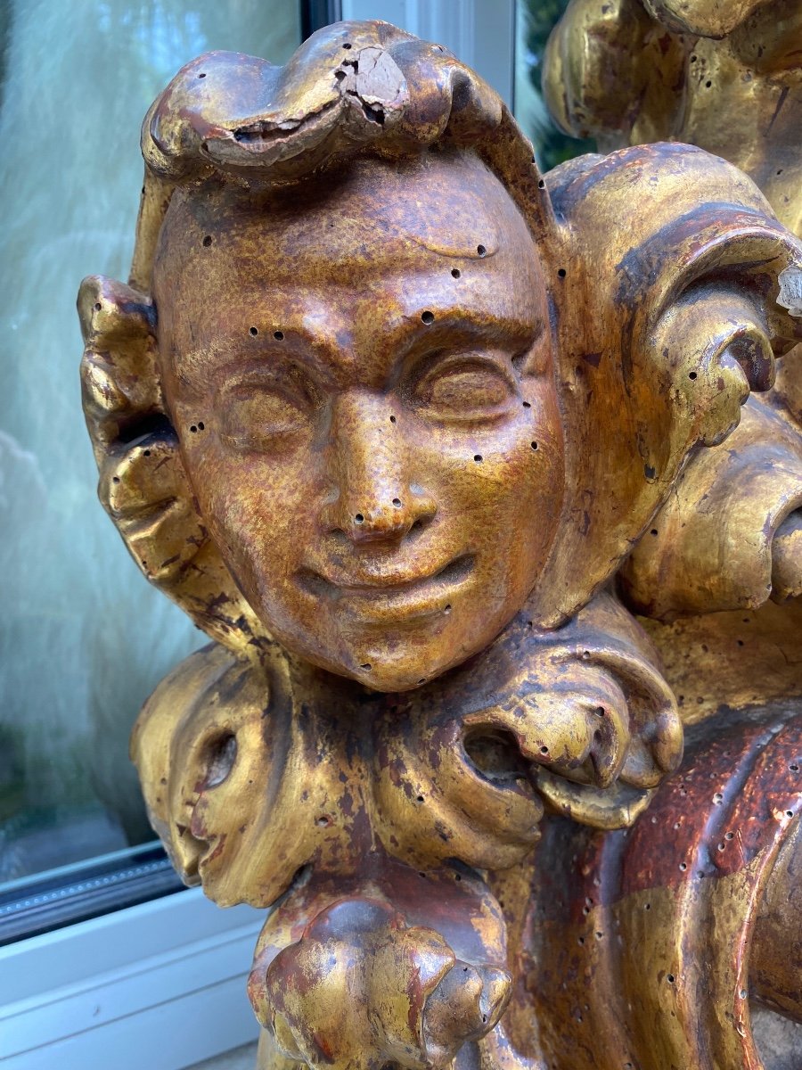 Fauna Head Amidst Acanthus Leaves, Large Element In Golden Wood-photo-7