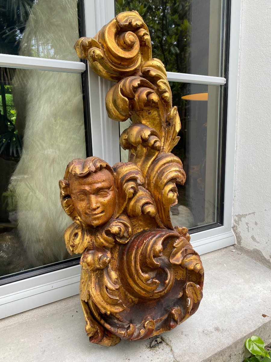 Fauna Head Amidst Acanthus Leaves, Large Element In Golden Wood-photo-8