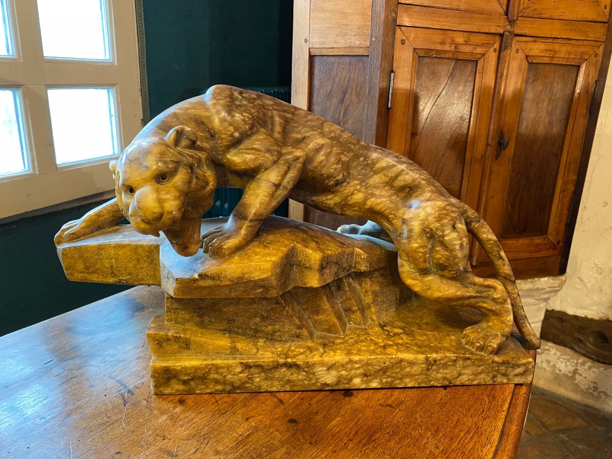 Large Panther Carved In Marble Circa 1930-photo-2