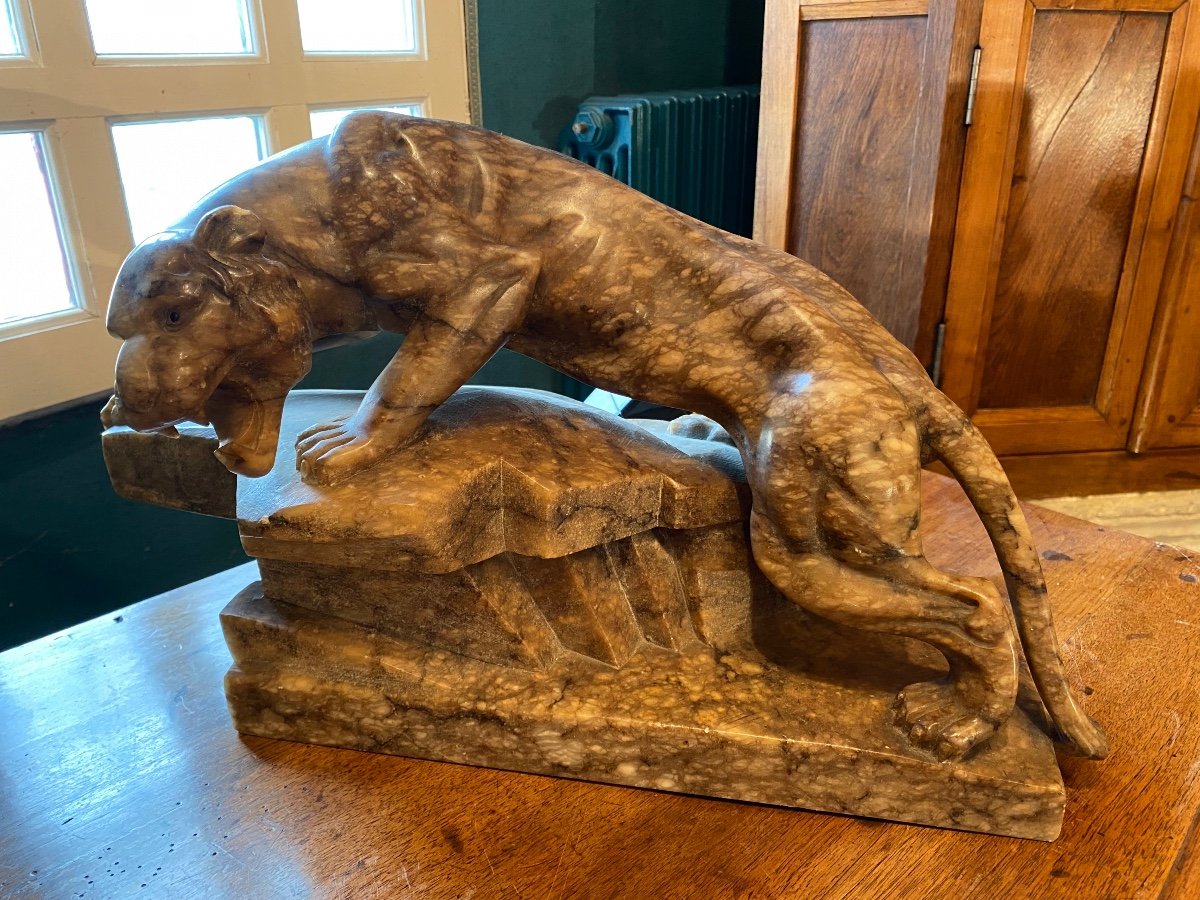 Large Panther Carved In Marble Circa 1930-photo-2