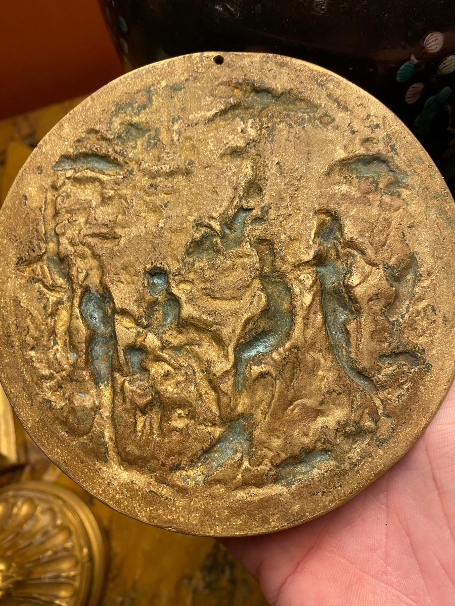 L’olympe, Et Les Amours Des Dieux, Grand Médaillon En Bronze Doré, Fin Du XVII Eme Siècle Début-photo-3