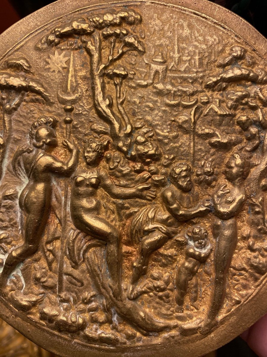 L’olympe, Et Les Amours Des Dieux, Grand Médaillon En Bronze Doré, Fin Du XVII Eme Siècle Début-photo-6