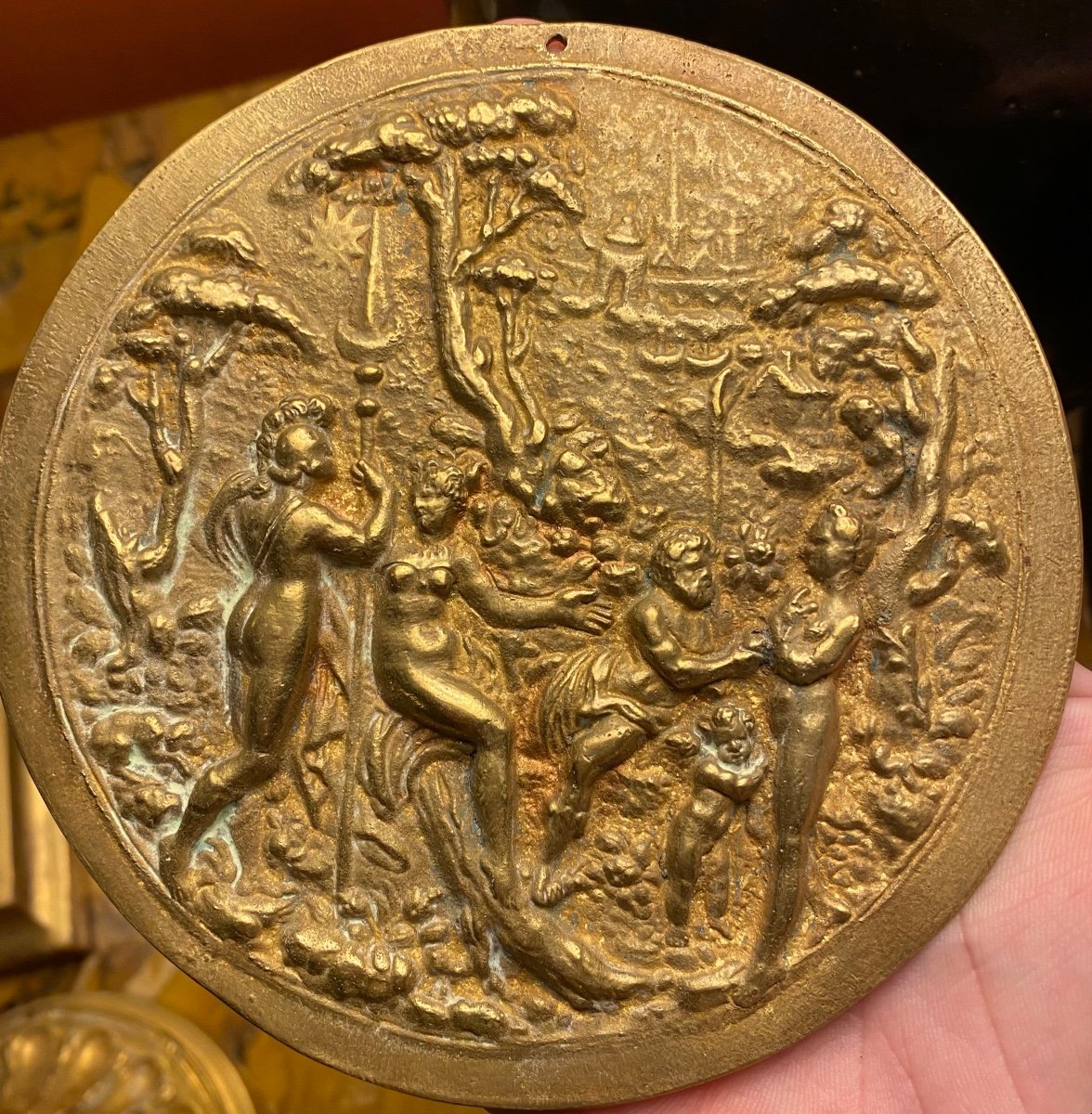 L’olympe, Et Les Amours Des Dieux, Grand Médaillon En Bronze Doré, Fin Du XVII Eme Siècle Début-photo-7