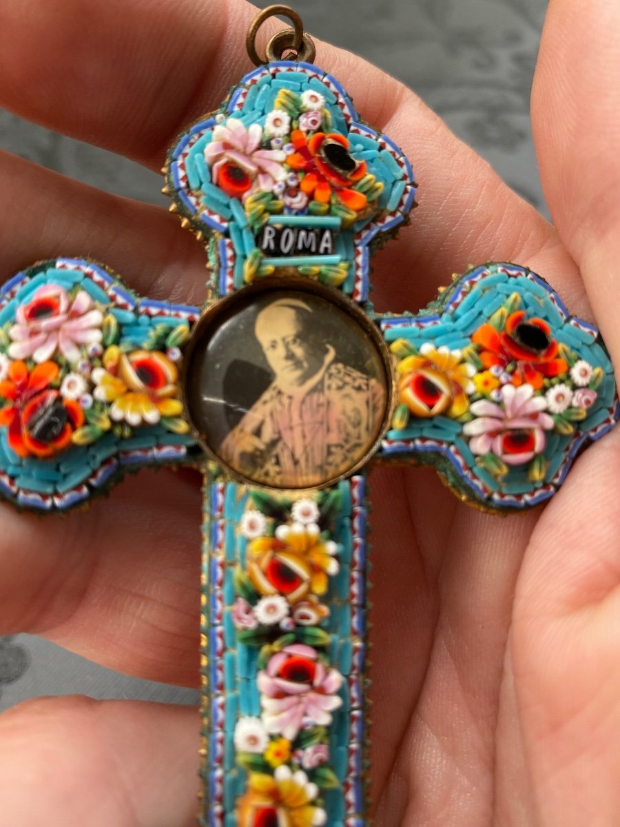 Croix En Micro Mosaïque De Verre, Souvenir De Rome Et Du Vatican Vers 1930-photo-3