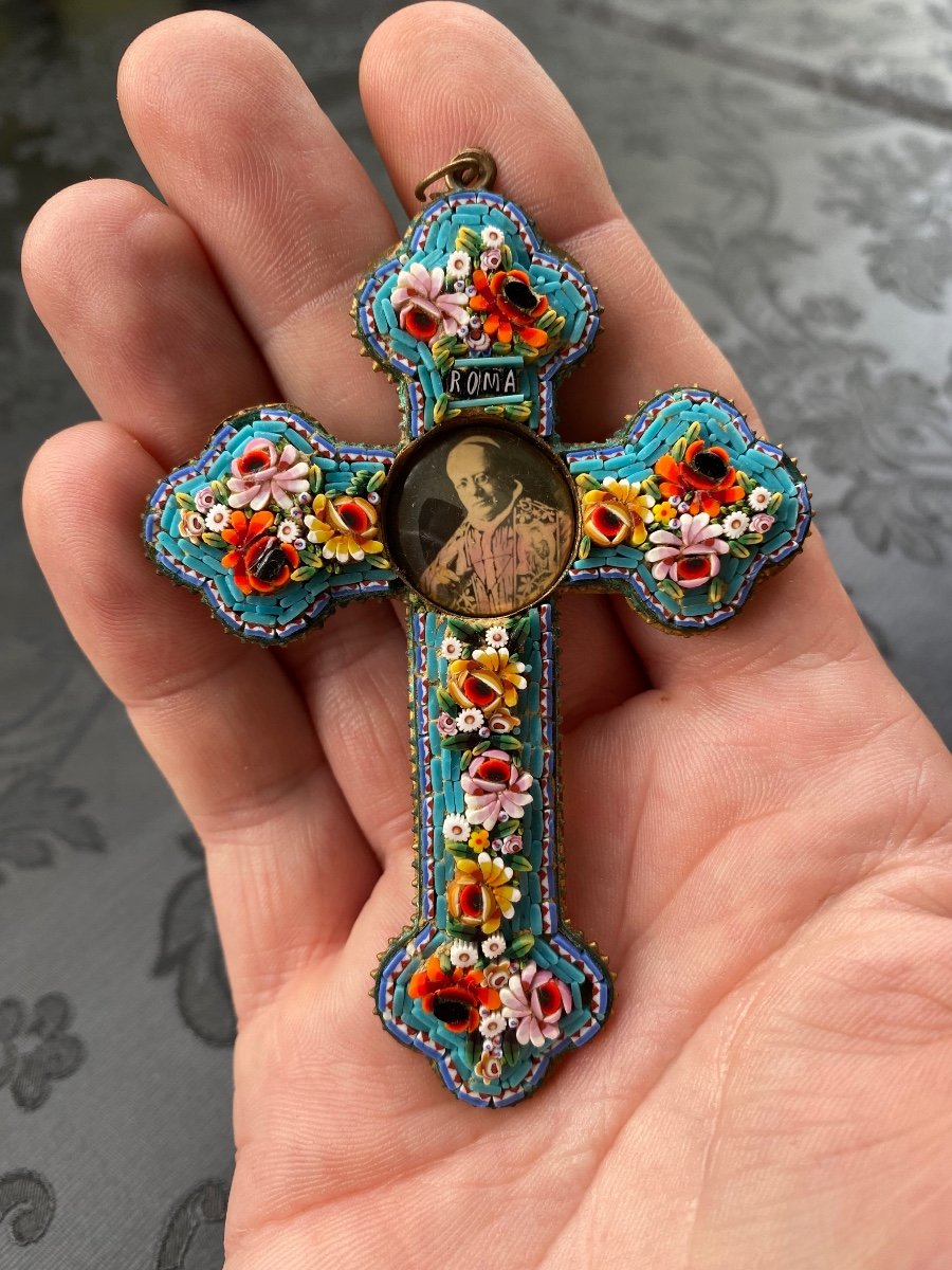 Cross In Micro Mosaic Glass, Souvenir Of Rome And The Vatican Circa 1930-photo-4