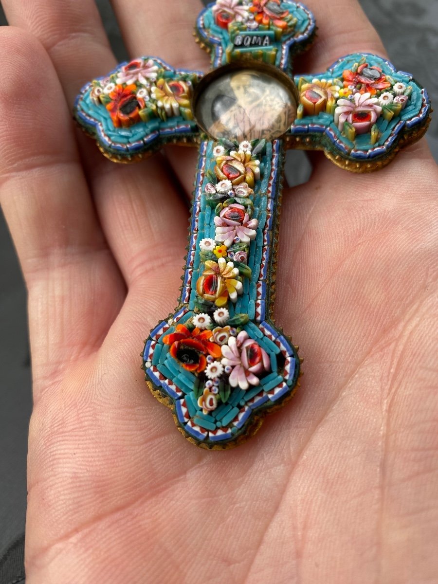 Croix En Micro Mosaïque De Verre, Souvenir De Rome Et Du Vatican Vers 1930-photo-3