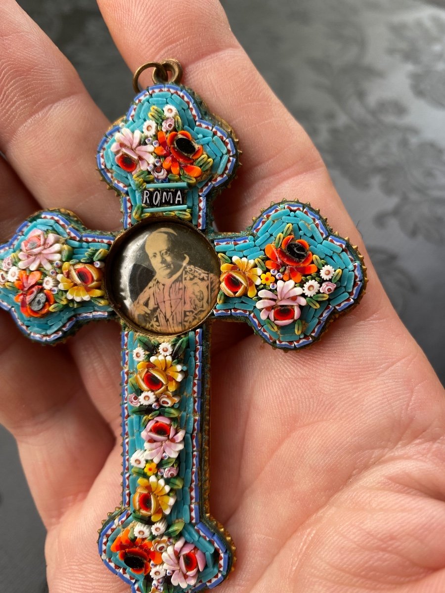 Cross In Micro Mosaic Glass, Souvenir Of Rome And The Vatican Circa 1930-photo-4