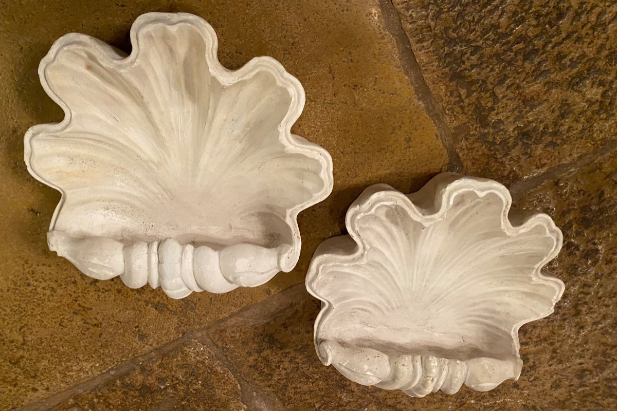 Large Pair Of Plaster Wall Consoles, Shells Circa 1950-photo-2