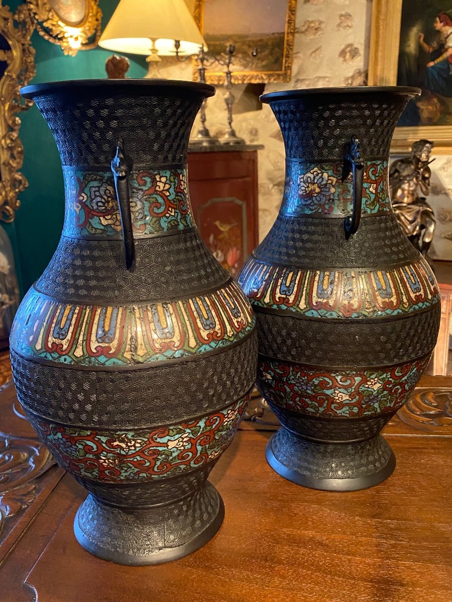 Pair Of Vases In Bronze And Cloisonné Enamels Late 19th Century-photo-6