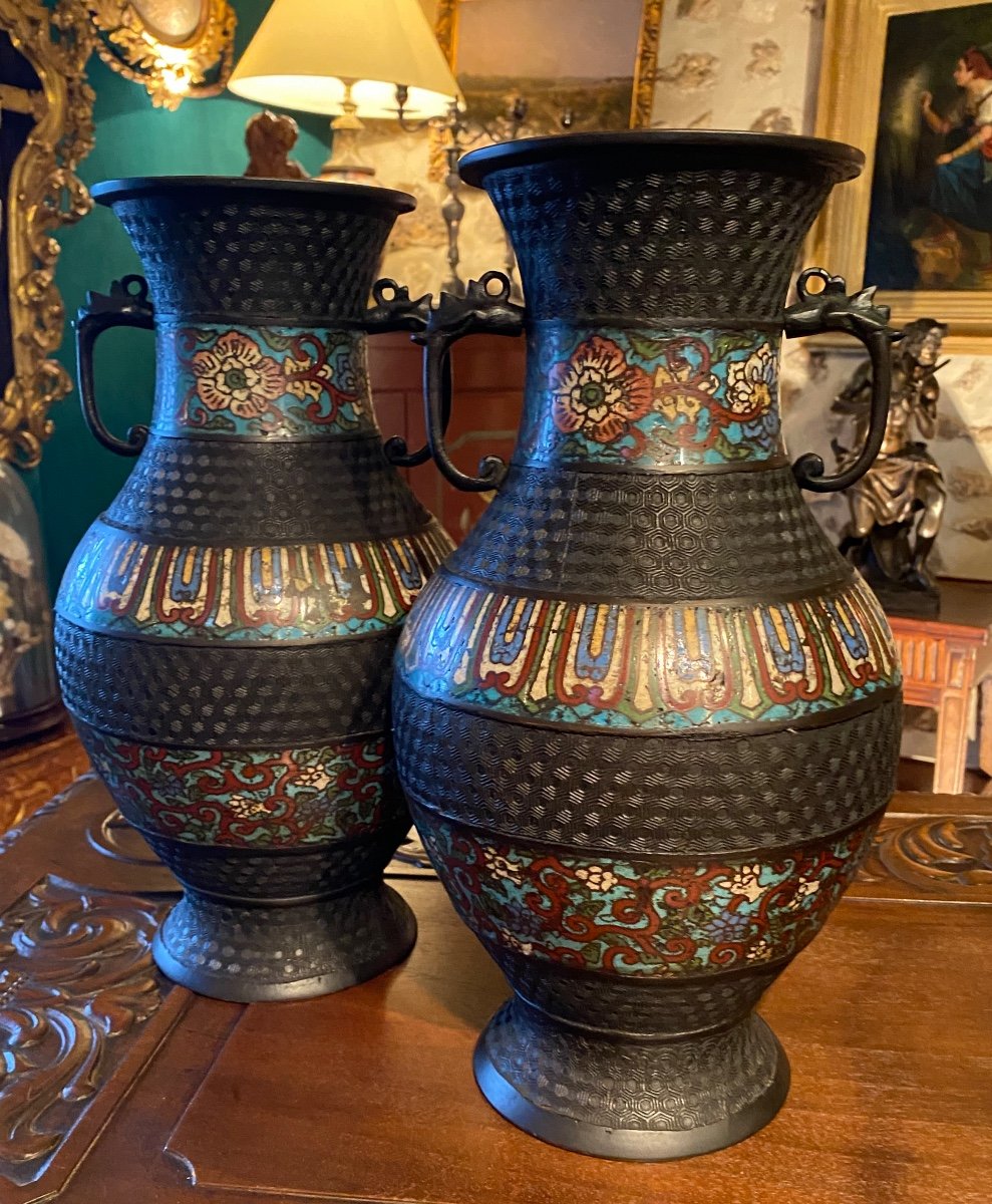 Pair Of Vases In Bronze And Cloisonné Enamels Late 19th Century