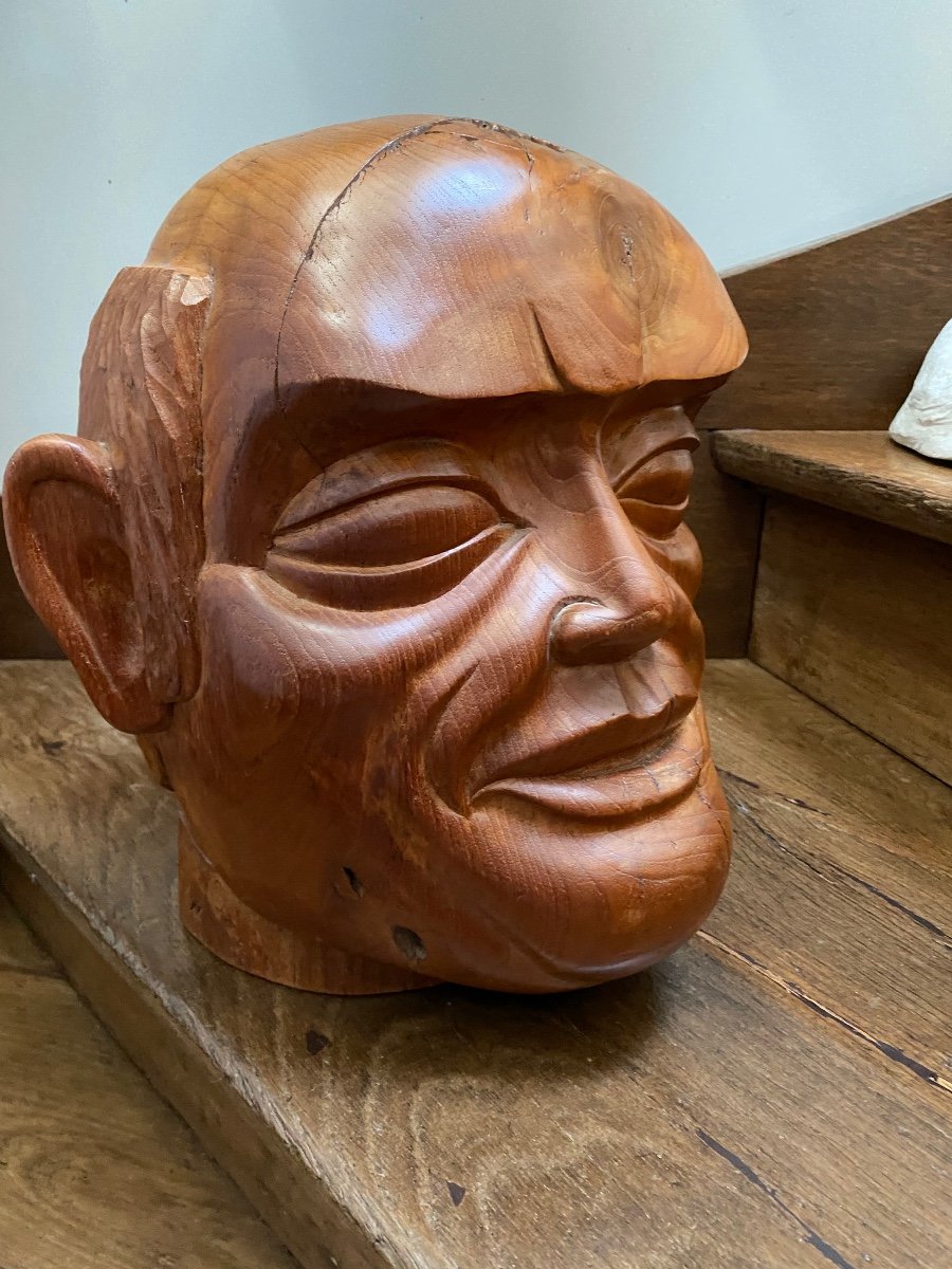 Surprising Man's Head Carved In Solid Cherry Wood 1st Half Of The 20th Century -photo-2