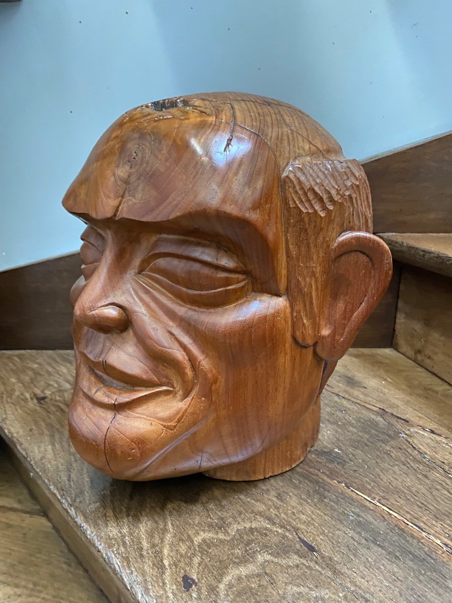 Surprising Man's Head Carved In Solid Cherry Wood 1st Half Of The 20th Century -photo-6