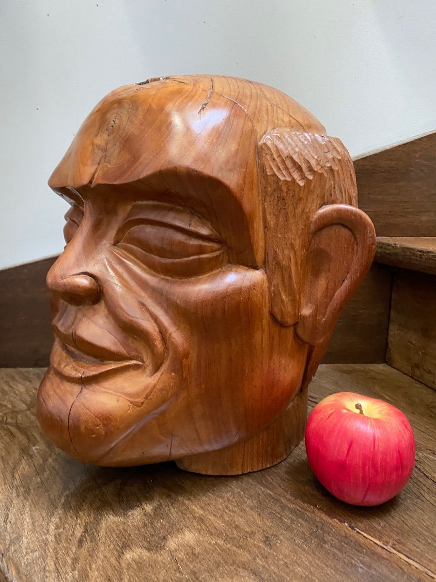 Surprising Man's Head Carved In Solid Cherry Wood 1st Half Of The 20th Century -photo-8