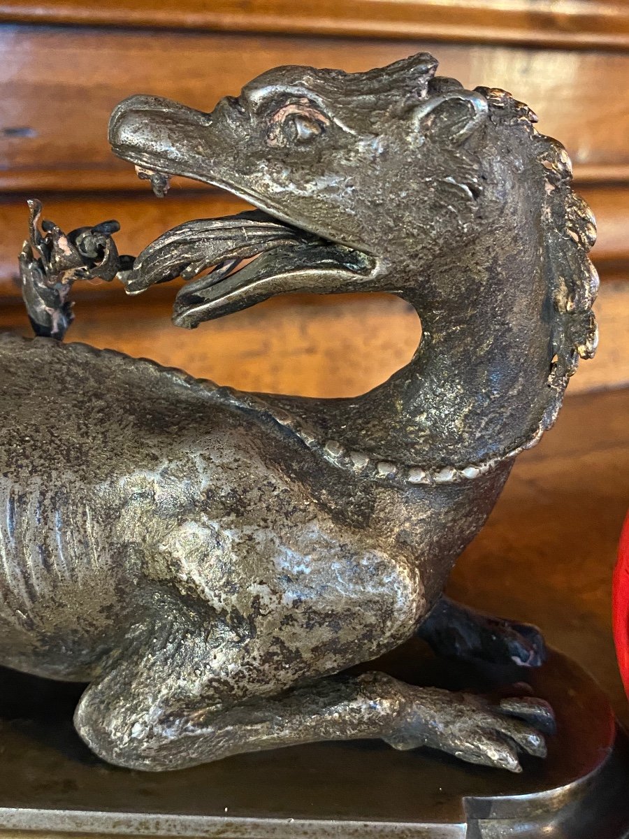 Rare Bronze Argenté D’une Salamandre Crachant Du Feu-photo-2