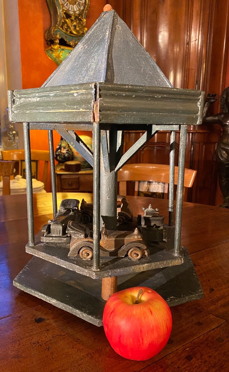 Carousel With Small Cars, Wooden Toy First Half Of The 20th Century 