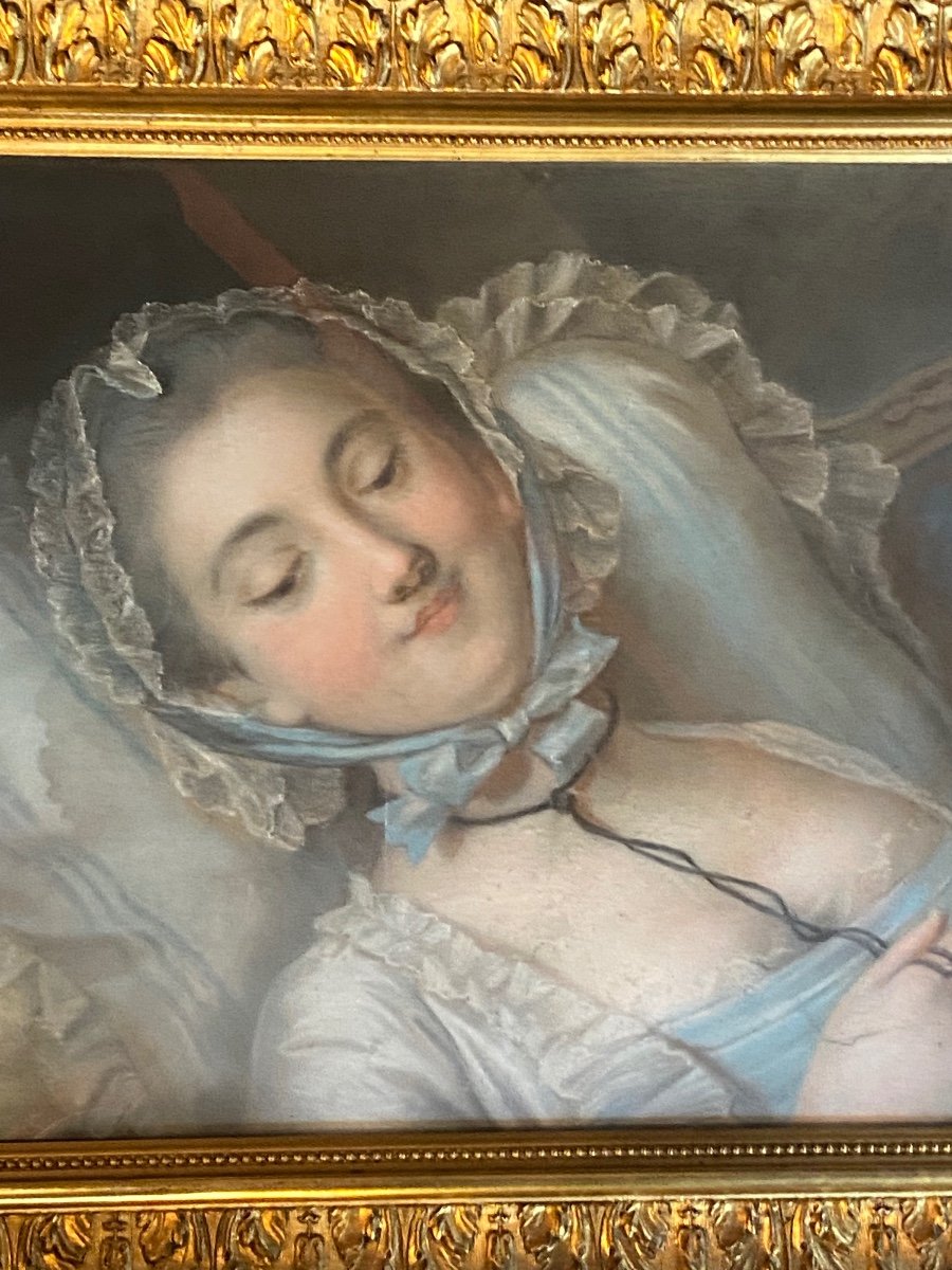 Large Pastel XIX Eme, Pretty Young Woman Lying Deep In Thoughts -photo-3