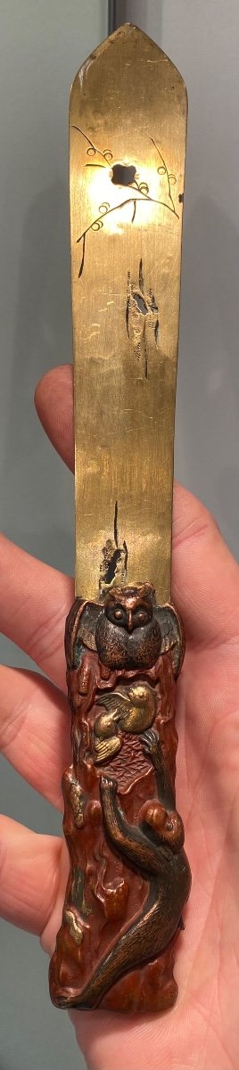 Owl-discovering Monkey, Letter Opener, Japan Shibuichi Meiji Era -photo-8