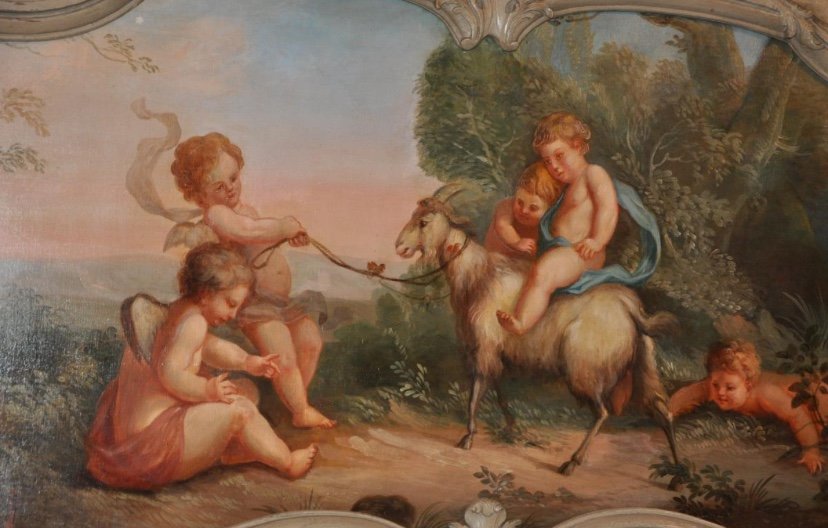 Scène De Bacchanale Aux Putti, Peinture De Boiserie Du XIX Eme Siècle -photo-2