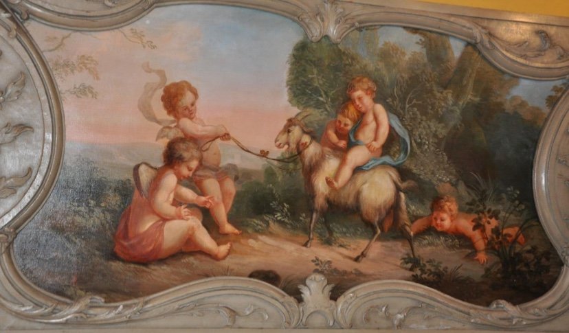 Scène De Bacchanale Aux Putti, Peinture De Boiserie Du XIX Eme Siècle -photo-1