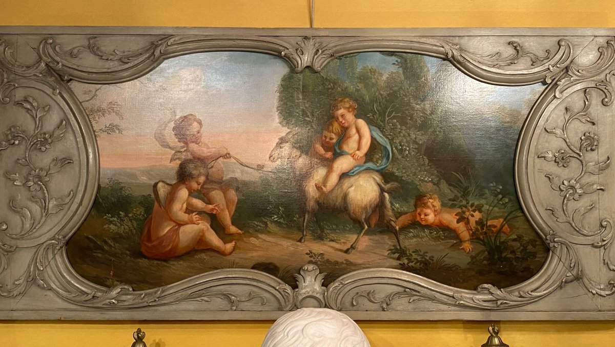 Scène De Bacchanale Aux Putti, Peinture De Boiserie Du XIX Eme Siècle -photo-3