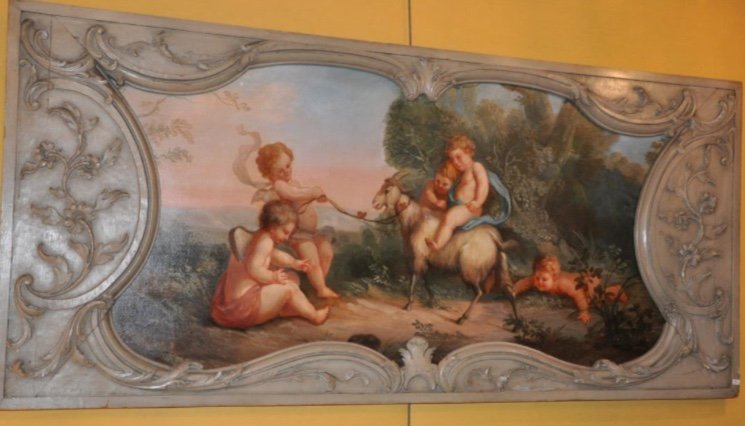 Scène De Bacchanale Aux Putti, Peinture De Boiserie Du XIX Eme Siècle 